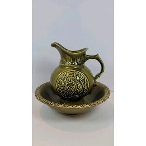 Vintage McCoy Pottery Thanksgiving TURKEY Wash Basin & Pitcher Olive‎ Green